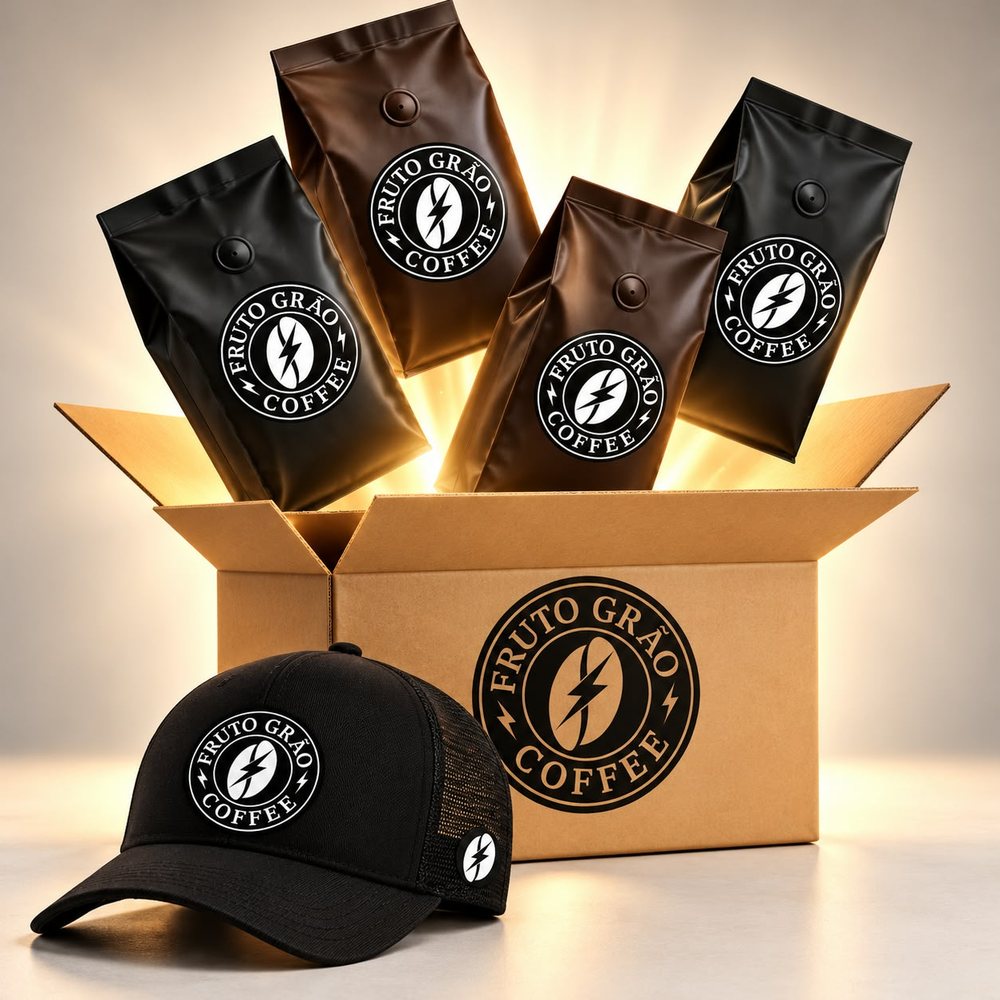 Kit Adrenalina + Boné: os pacotes de café e o que vai junto na caixa, na foto da Fruto Grão Coffee