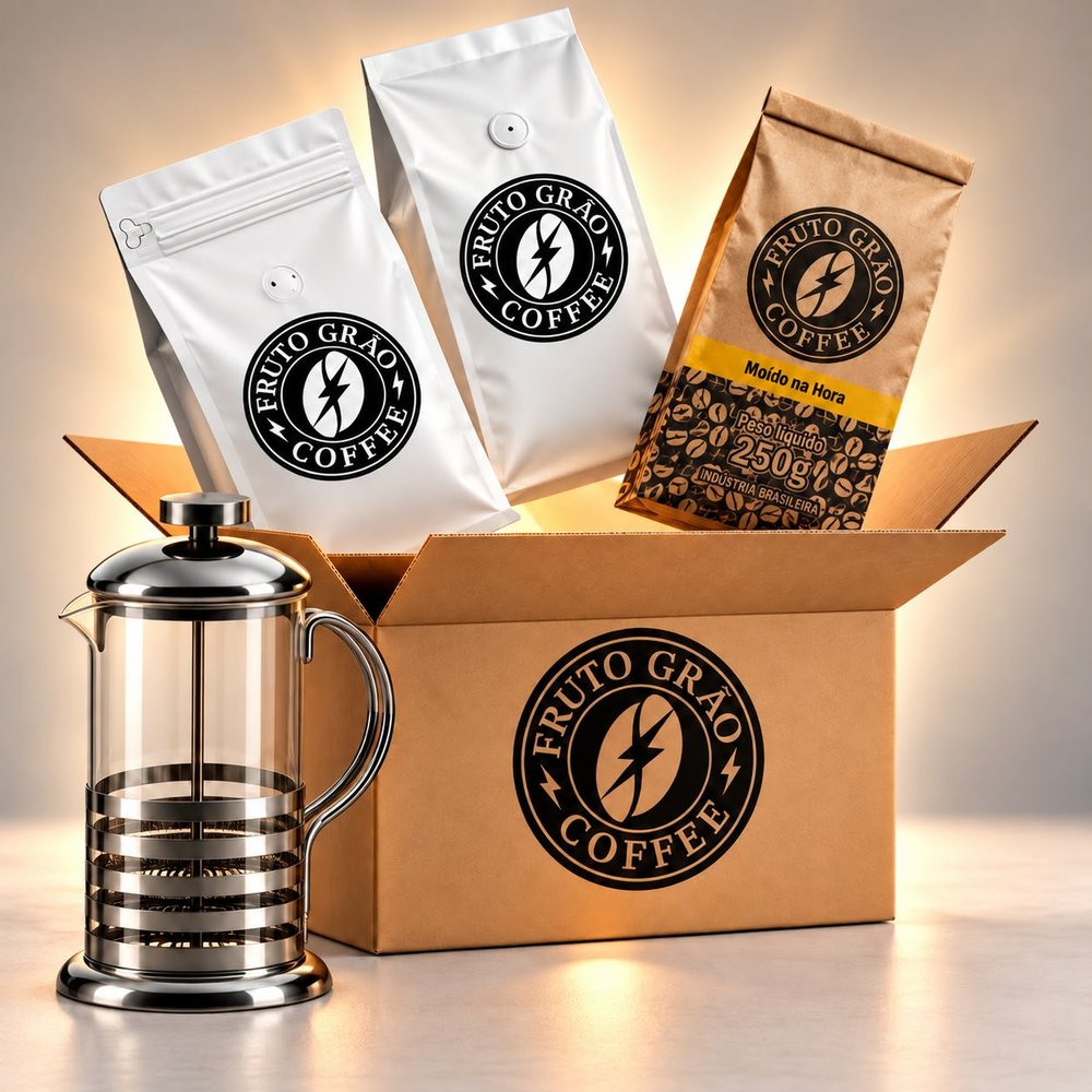 Kit Chocolate e Frutado + Prensa: os pacotes de café e o que vai junto na caixa, na foto da Fruto Grão Coffee