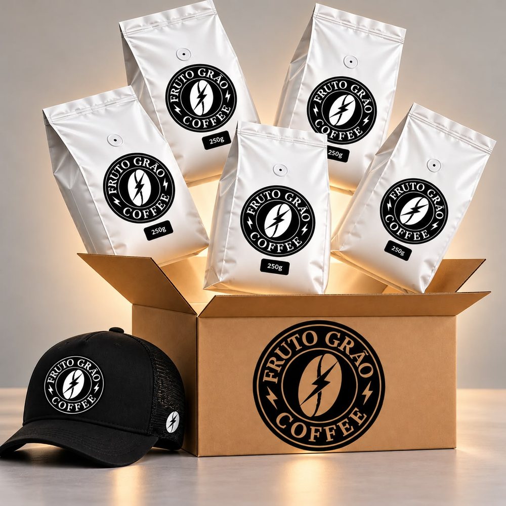 Pacotes de 250 g do kit degustação saindo da caixa, com um boné da Fruto Grão Coffee