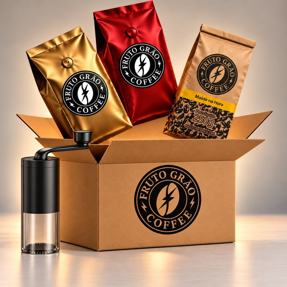 Kit Descoberta + Moedor: os pacotes de café e o que vai junto na caixa, na foto da Fruto Grão Coffee