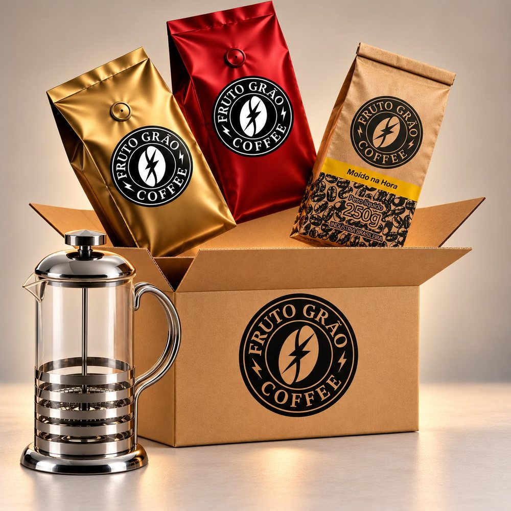 Kit Descoberta + Prensa: os pacotes de café e o que vai junto na caixa, na foto da Fruto Grão Coffee