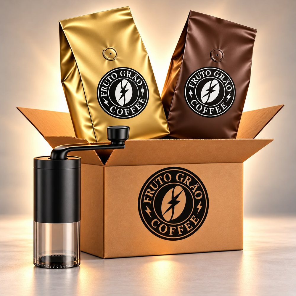 Kit Frutado e Média + Moedor: os pacotes de café e o que vai junto na caixa, na foto da Fruto Grão Coffee