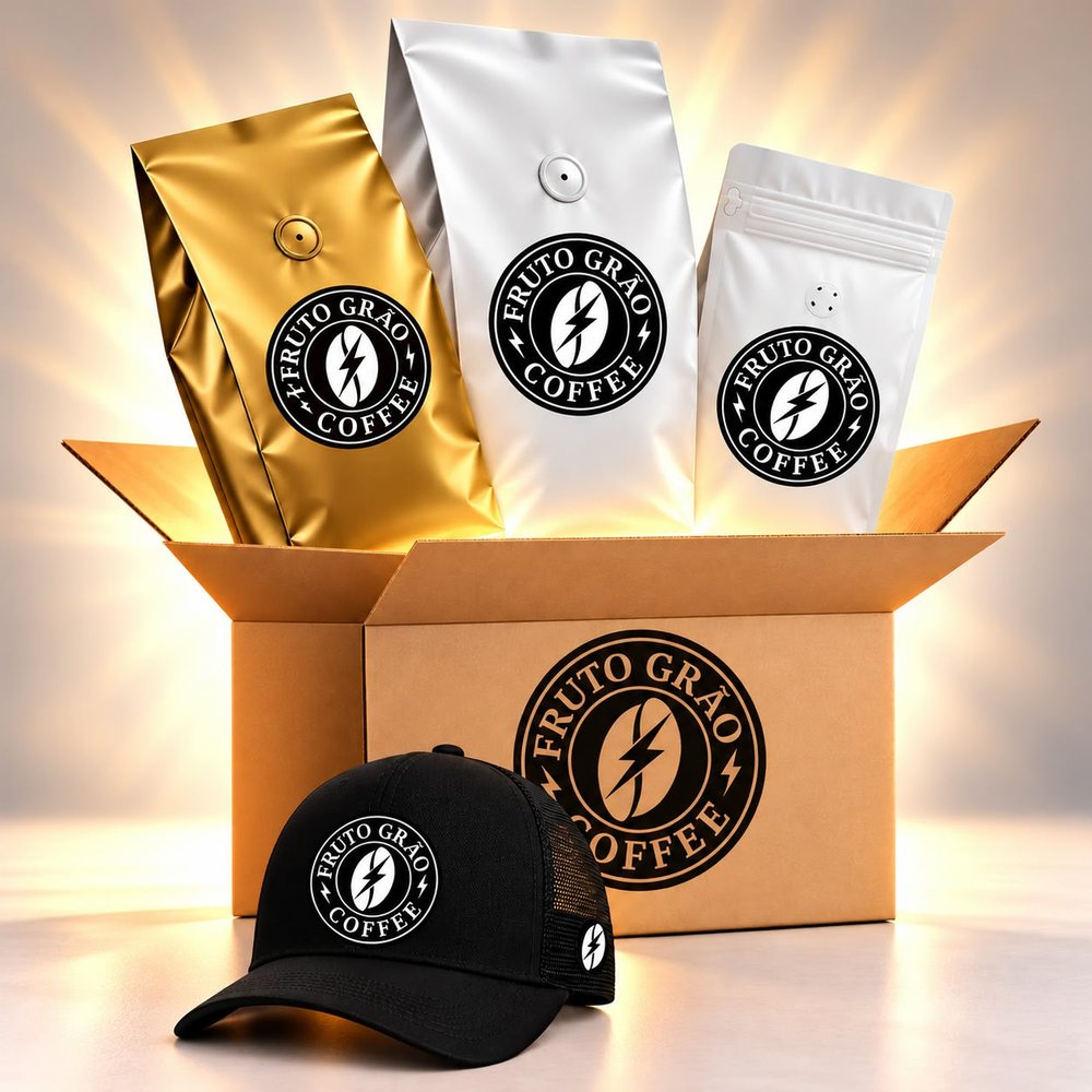 Kit Média Clara + Boné: os pacotes de café e o que vai junto na caixa, na foto da Fruto Grão Coffee