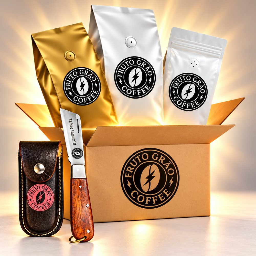 Kit Média Clara + Canivete: os pacotes de café e o que vai junto na caixa, na foto da Fruto Grão Coffee