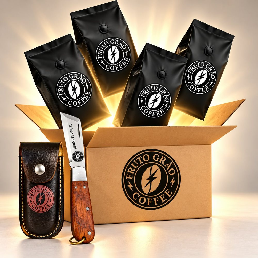 Kit Tanque Cheio + Canivete: os pacotes de café e o que vai junto na caixa, na foto da Fruto Grão Coffee