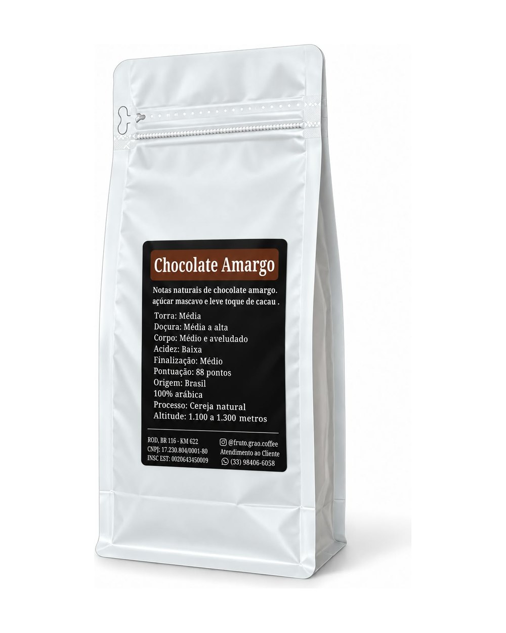 Pacote branco de 500 g do Café Especial Chocolate Amargo, com o rótulo e as notas sensoriais